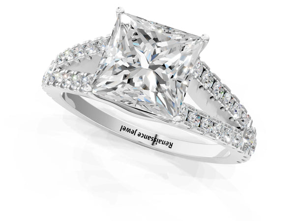 White gold Princess Cut Diamond Split Shank Pavé Engagement Ring with Four-Prong Setting