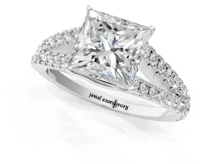 White gold Princess Cut Diamond Split Shank Pavé Engagement Ring with Four-Prong Setting