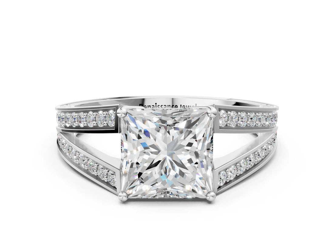 White gold Princess Cut Diamond Split Shank Ring with Pavé Band and Four-Prong Setting_114