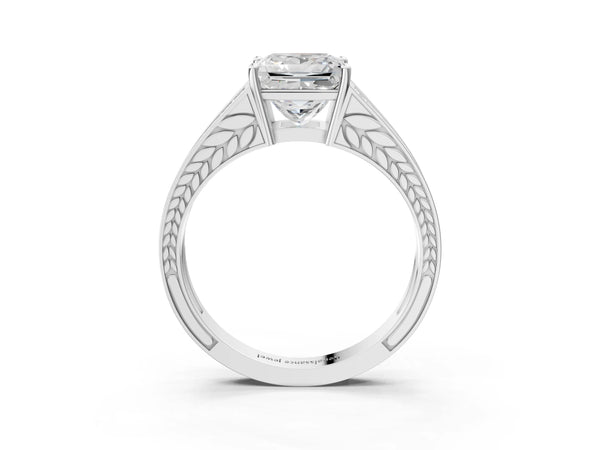 White Gold Princess Cut Split Shank Engagement Ring Setting with Pave Band and Engraved Sides