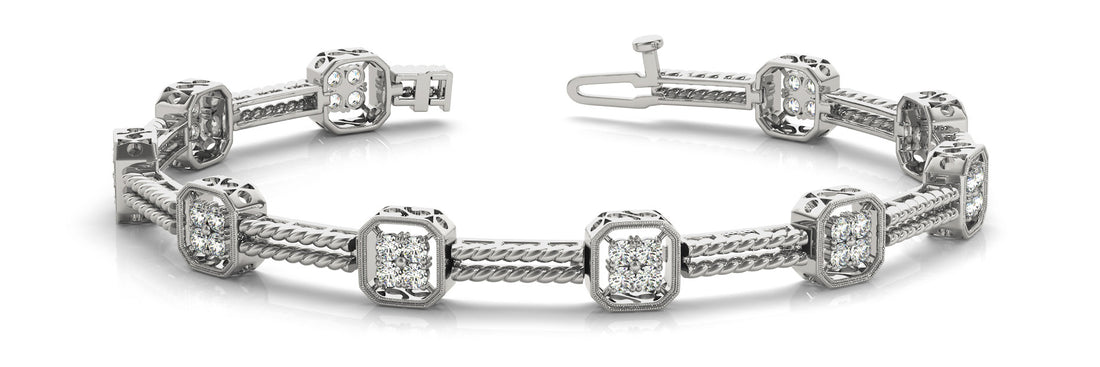 White gold Princess Cut Diamond Tennis Bracelet with Rope Band and Bezel Setting