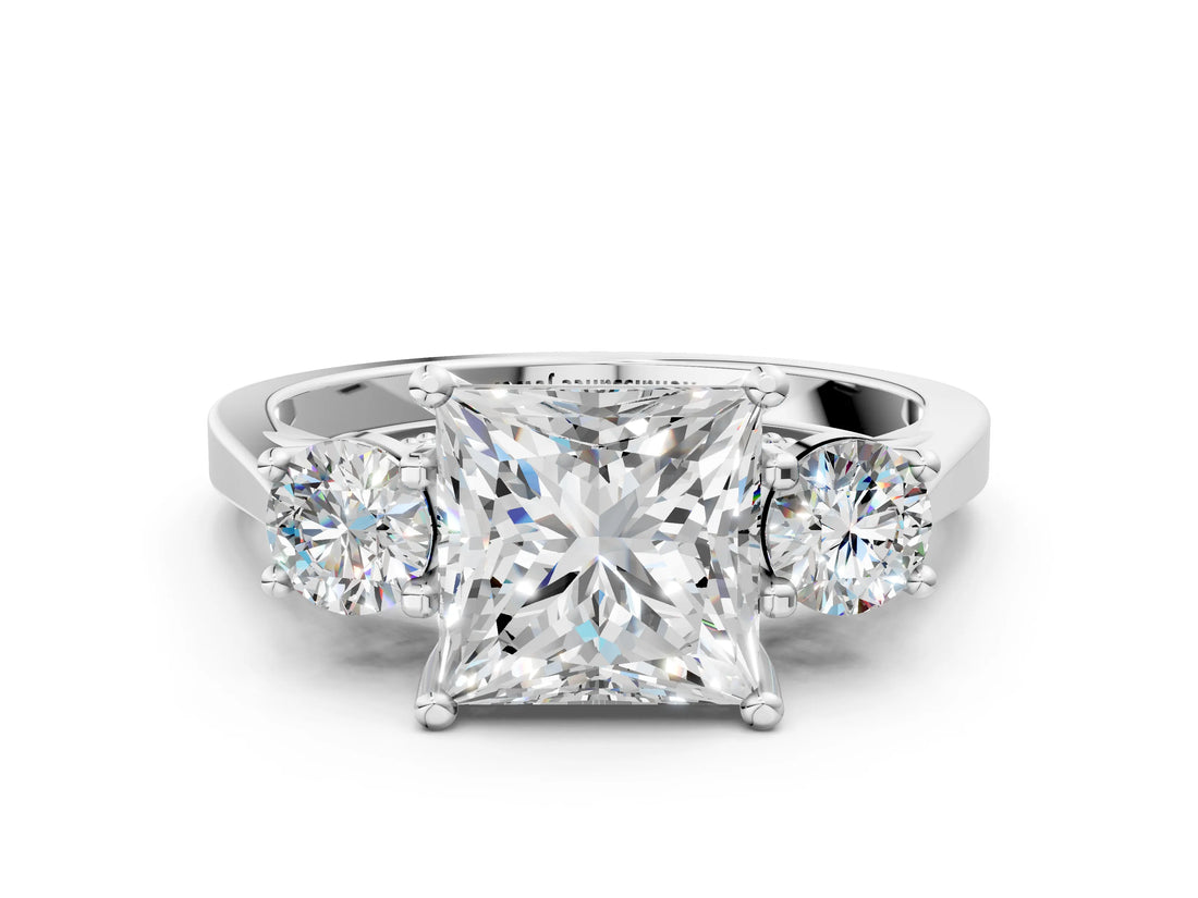 White gold Princess Cut Diamond Three-Stone Engagement Ring with Prong Setting and Pavé Band_7