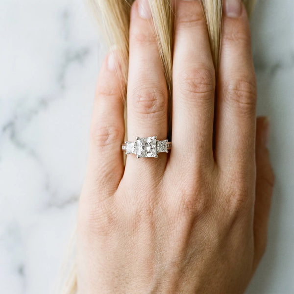 Platinum Princess Cut Three Stone Pave Engagement Ring Setting with Near-Equal Side Stones