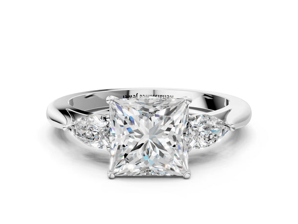 White Gold Princess Cut Three Stone Engagement Ring Setting with Pear Side Stones