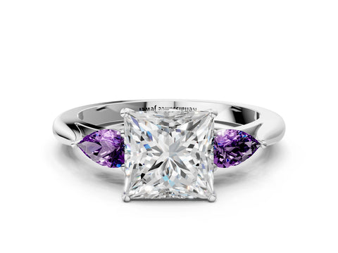 White gold Princess Cut Diamond Three-Stone Ring with Pear with Amethyst side stone Side Stones and Prong Setting_24