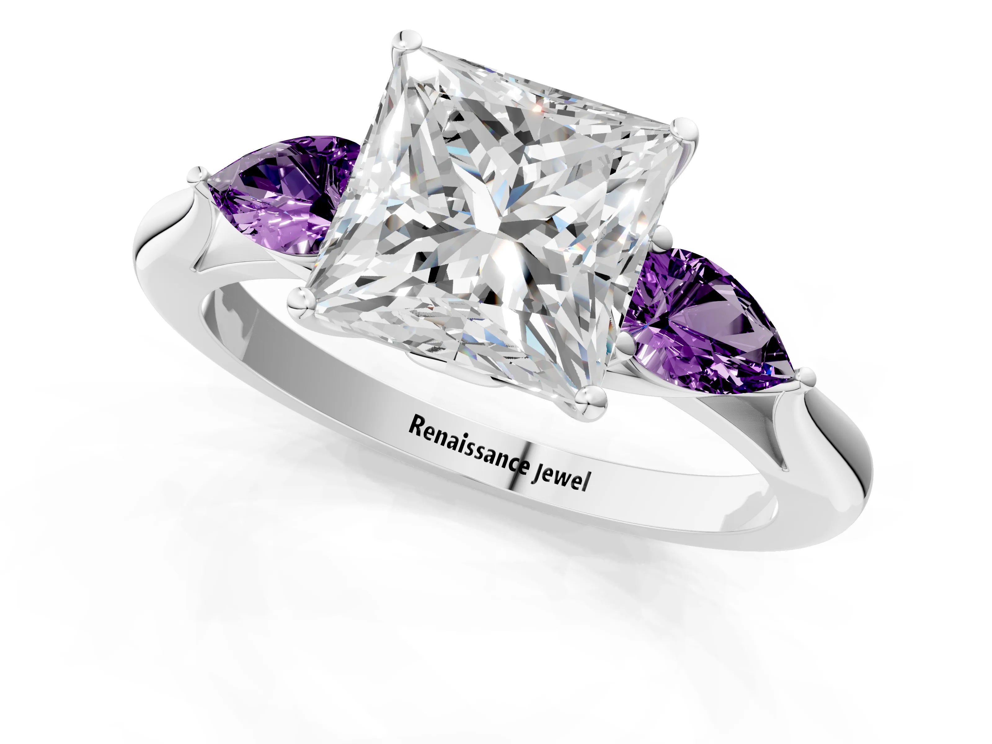 White gold Princess Cut Diamond Three-Stone Ring with Pear with Amethyst side stone Side Stones and Prong Setting_25