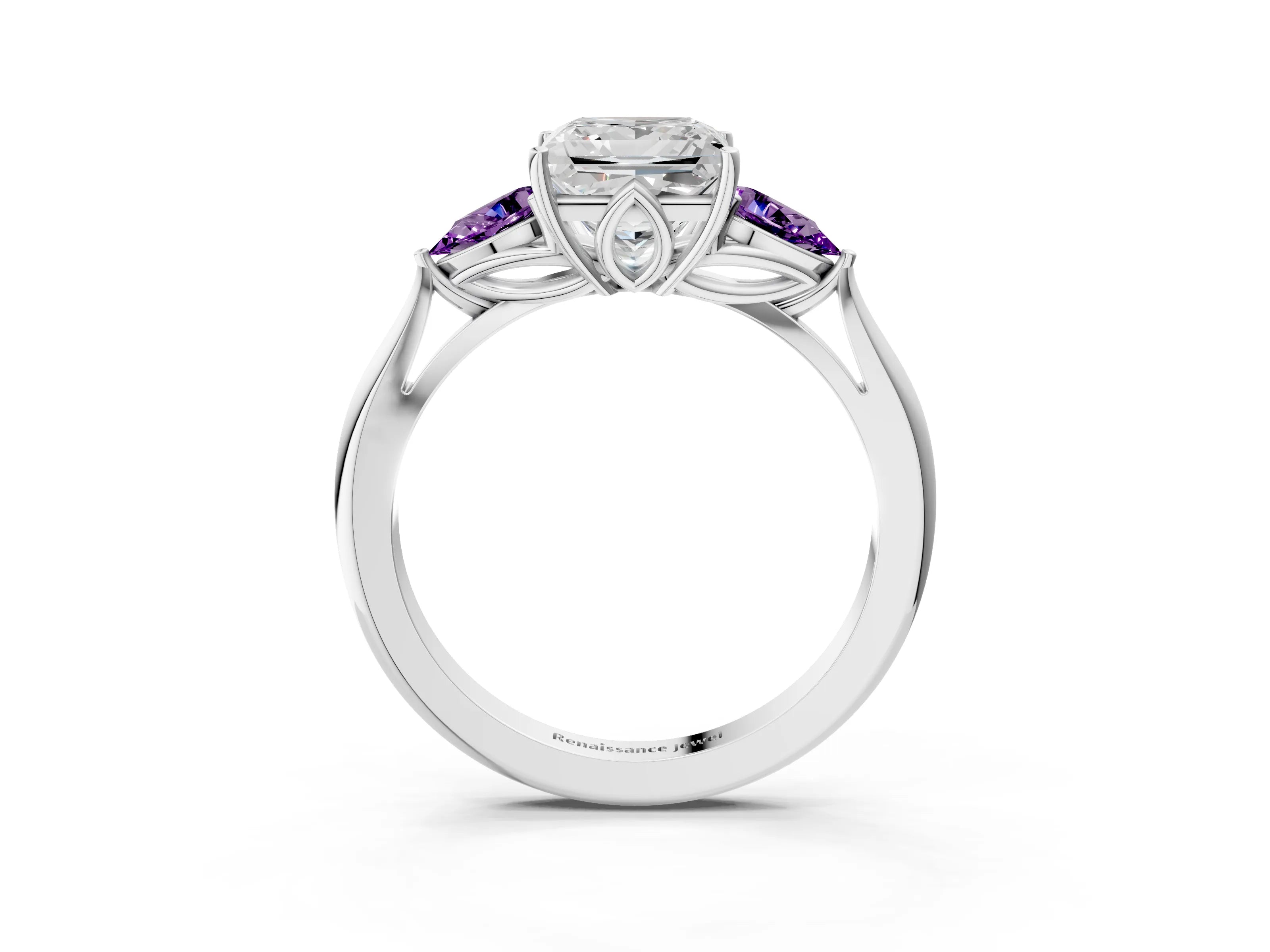 White gold Princess Cut Diamond Three-Stone Ring with Pear with Amethyst side stone Side Stones and Prong Setting_27