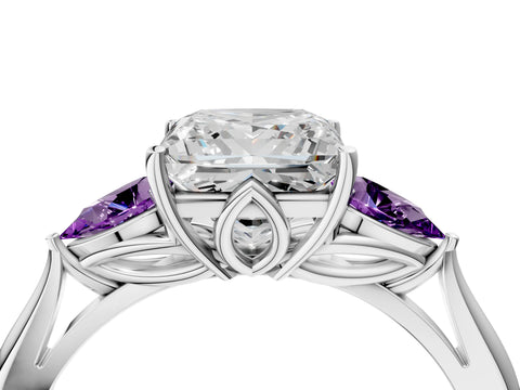 White gold Princess Cut Diamond Three-Stone Ring with Pear with Amethyst side stone Side Stones and Prong Setting_28