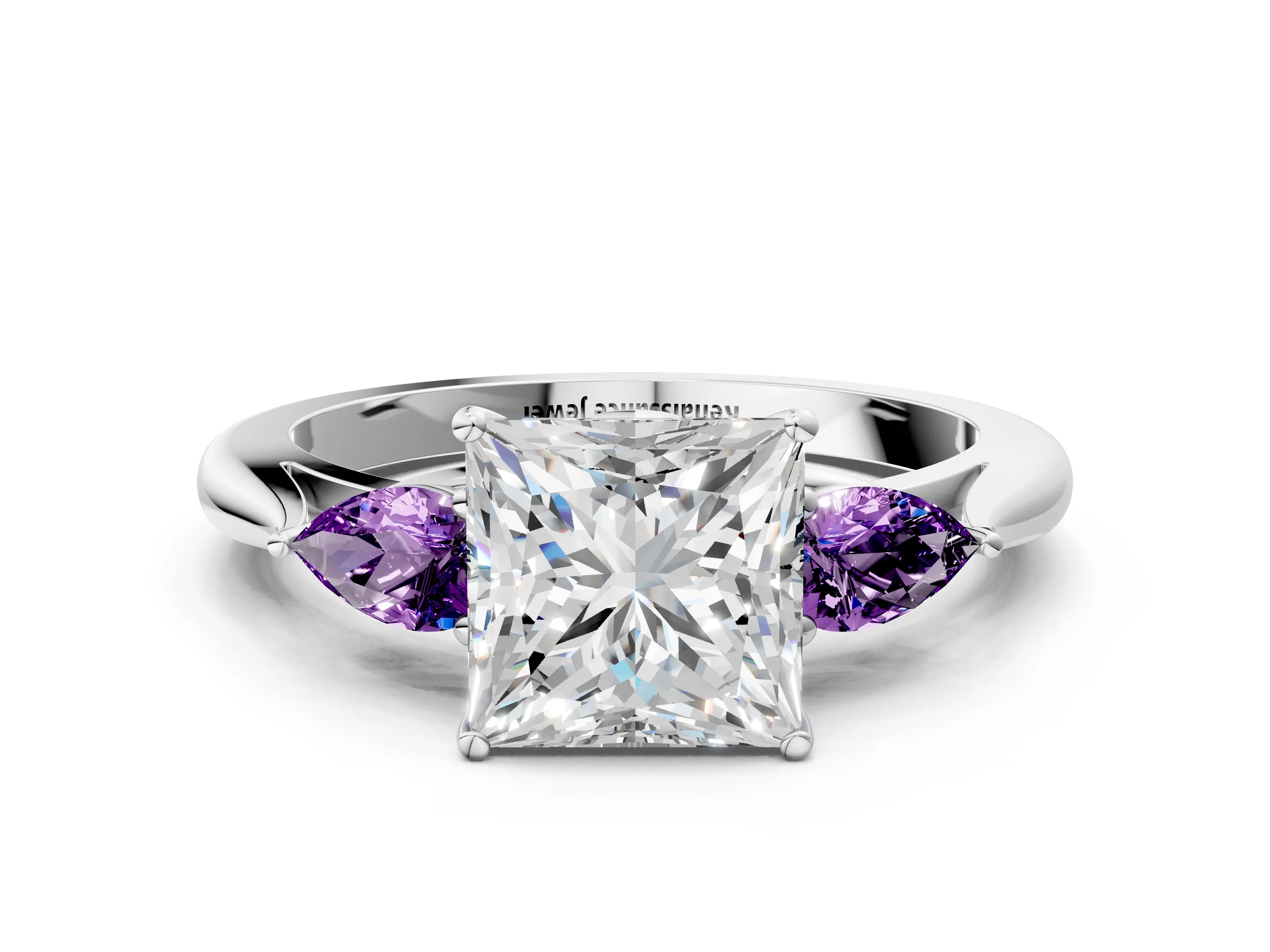 White gold Princess Cut Diamond Three-Stone Ring with Pear with Amethyst side stone Side Stones and Prong Setting_36