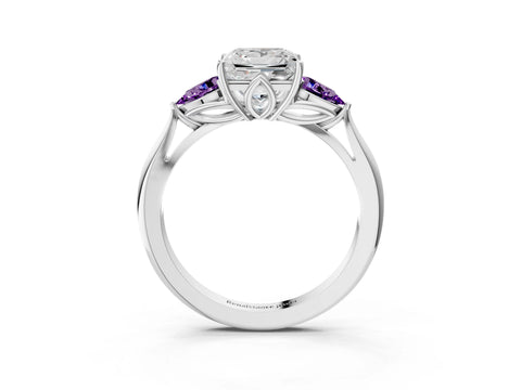White gold Princess Cut Diamond Three-Stone Ring with Pear with Amethyst side stone Side Stones and Prong Setting_39