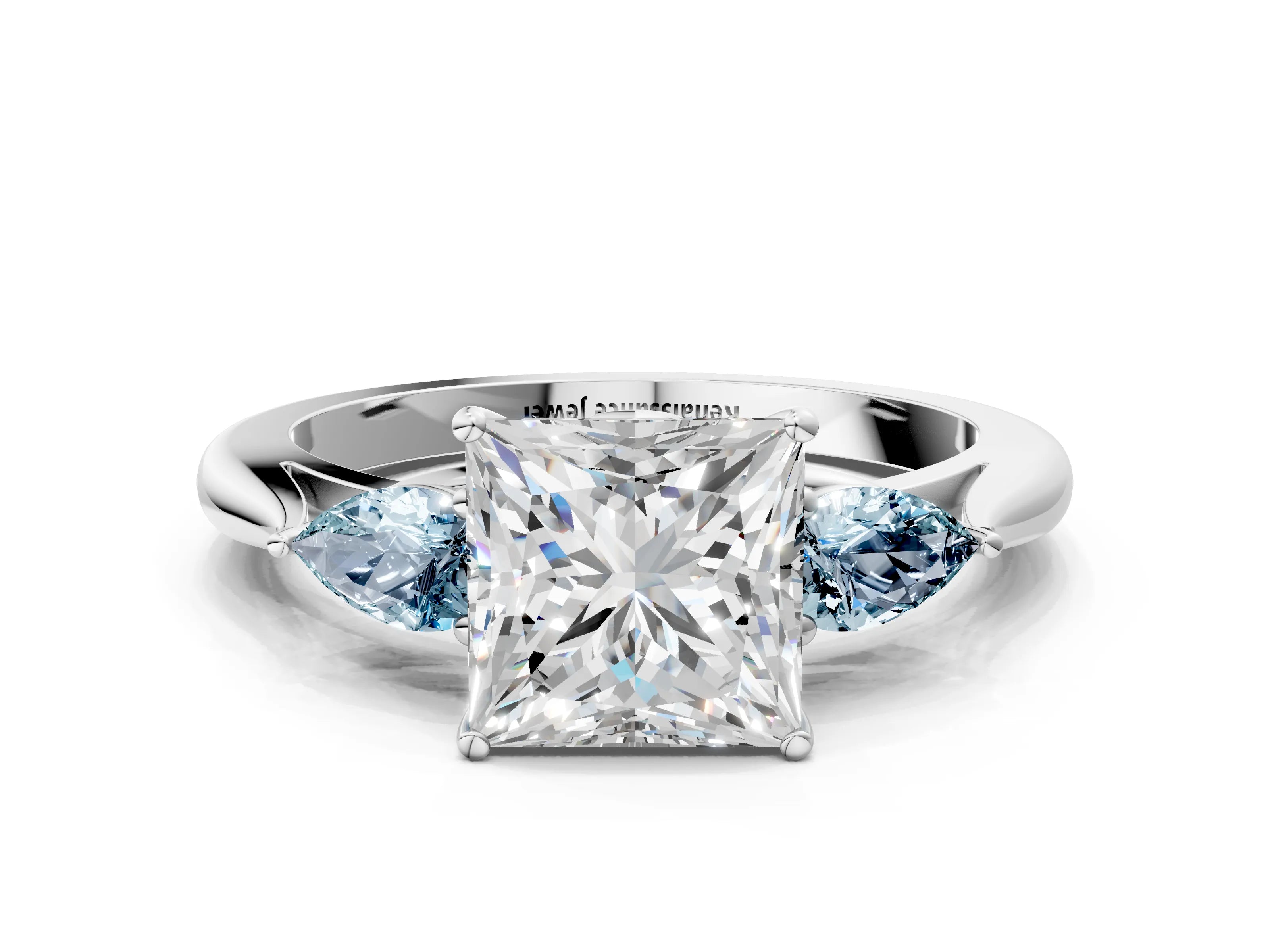 White gold Princess Cut Diamond Three-Stone Ring with Pear with Aquamarine side stone Side Stones and Prong Setting_12