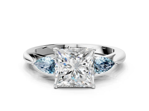White gold Princess Cut Diamond Three-Stone Ring with Pear with Aquamarine side stone Side Stones and Prong Setting_12