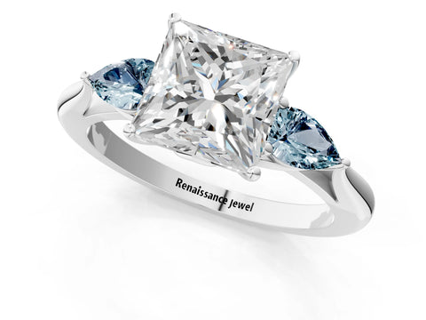 White gold Princess Cut Diamond Three-Stone Ring with Pear with Aquamarine side stone Side Stones and Prong Setting_13