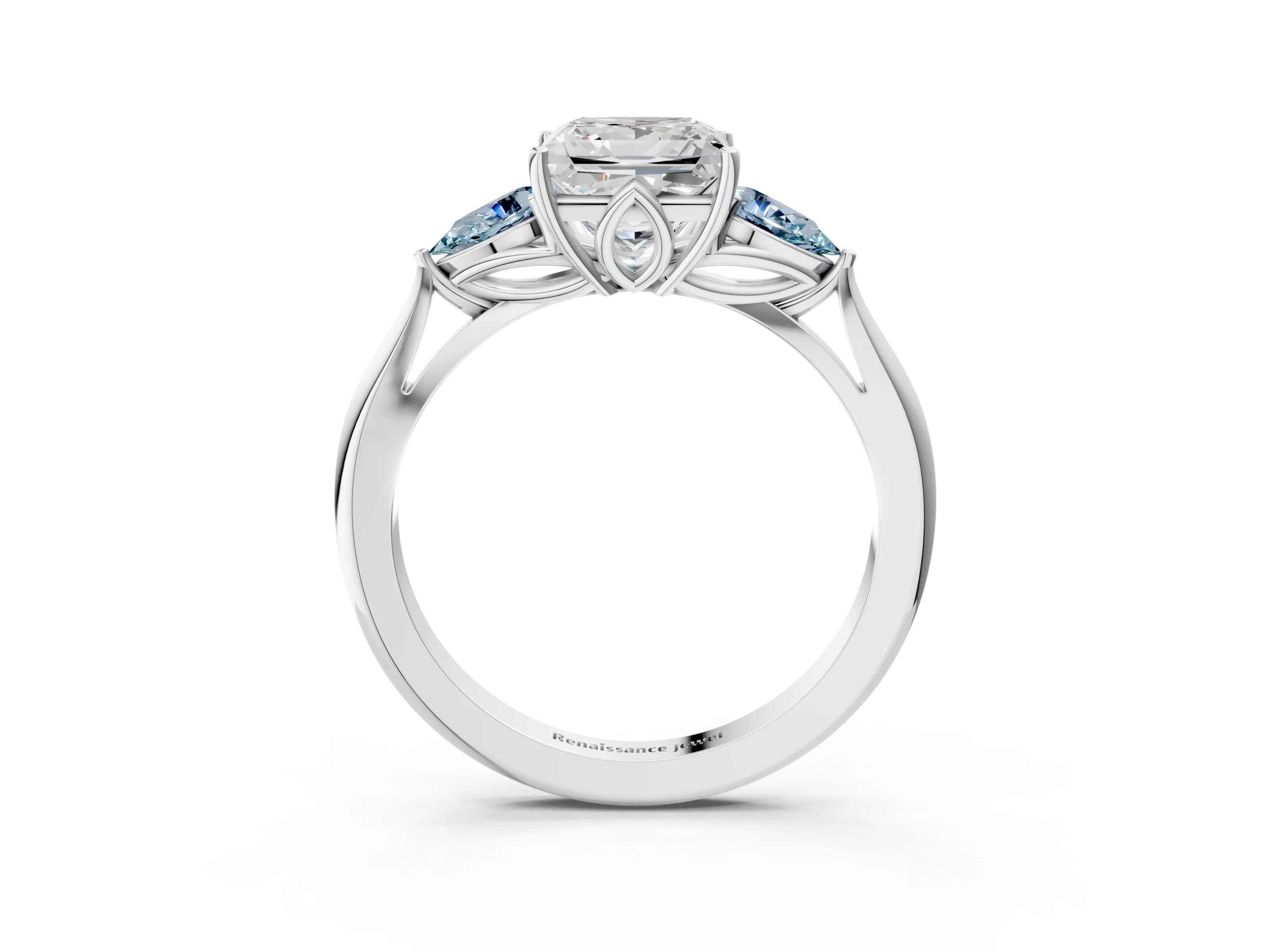 White gold Princess Cut Diamond Three-Stone Ring with Pear with Aquamarine side stone Side Stones and Prong Setting_15
