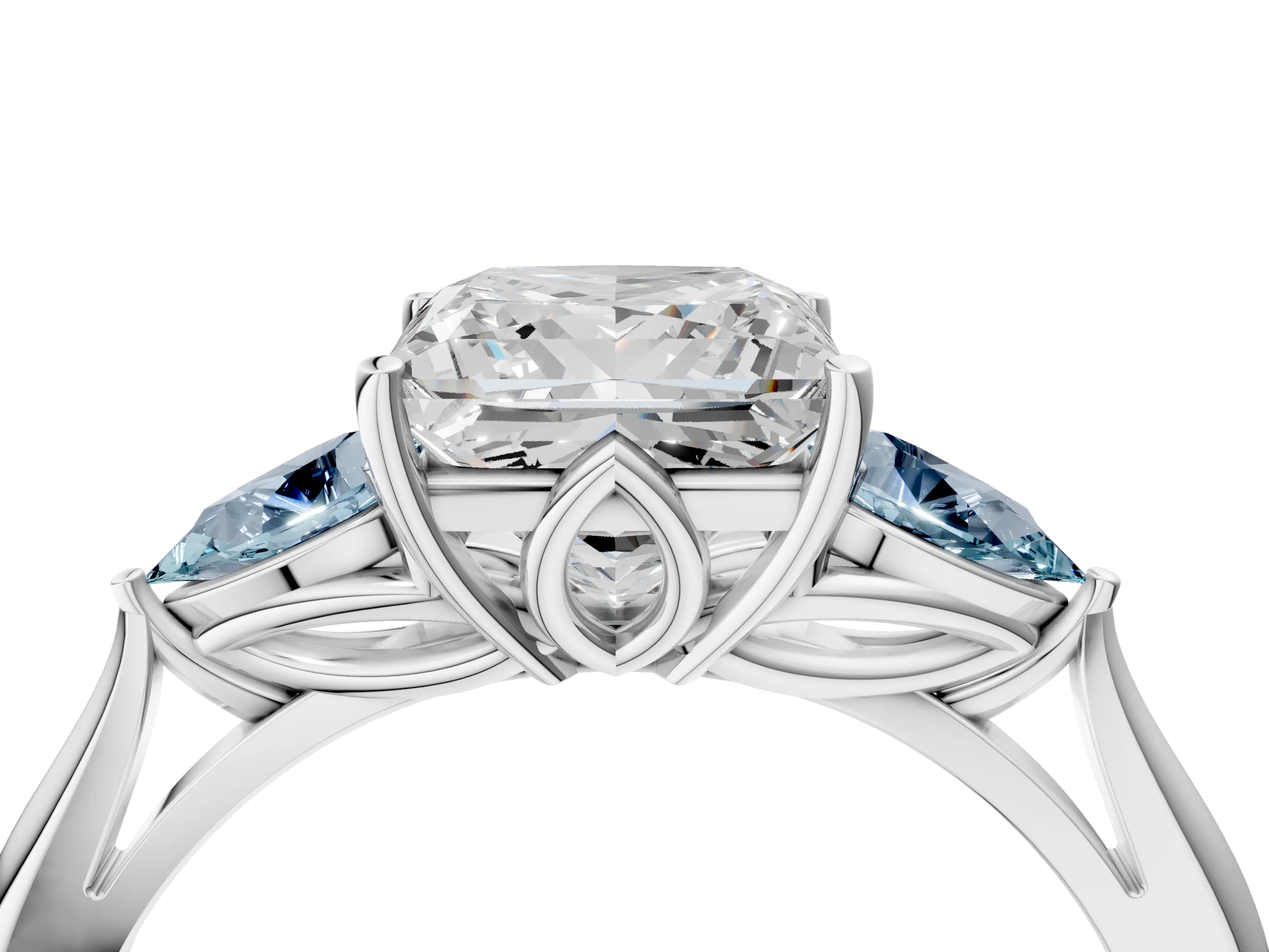 White gold Princess Cut Diamond Three-Stone Ring with Pear with Aquamarine side stone Side Stones and Prong Setting_16