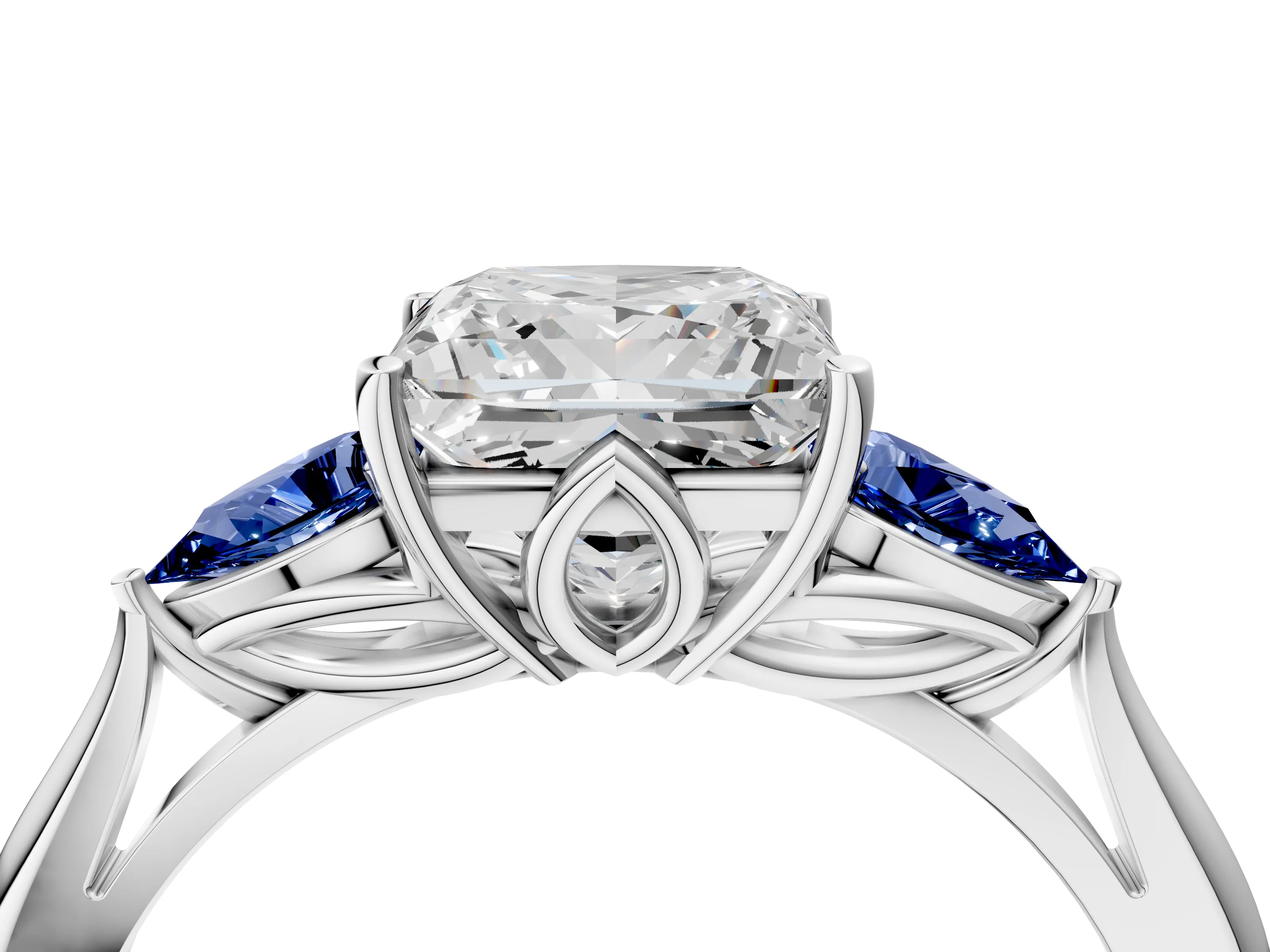 White gold Princess Cut Diamond Three-Stone Ring with Pear with Blue Sapphire side stone Side Stones and Prong Setting_16