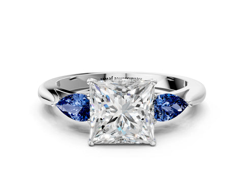White gold Princess Cut Diamond Three-Stone Ring with Pear with Blue Sapphire side stone Side Stones and Prong Setting_24