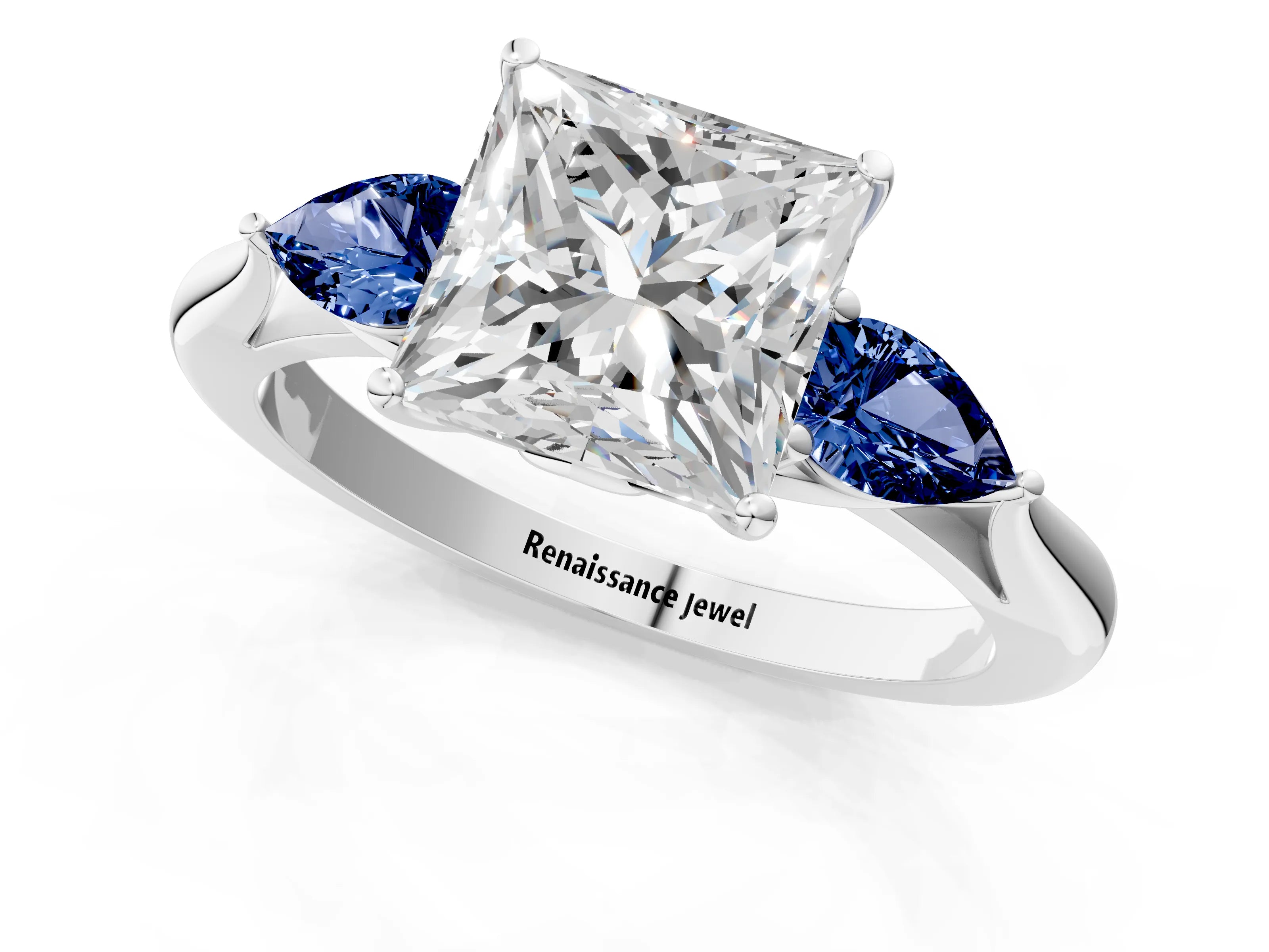 White gold Princess Cut Diamond Three-Stone Ring with Pear with Blue Sapphire side stone Side Stones and Prong Setting_25