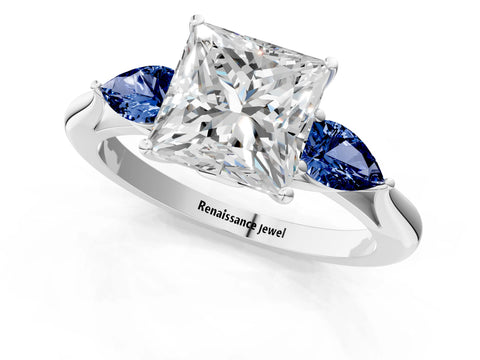 White gold Princess Cut Diamond Three-Stone Ring with Pear with Blue Sapphire side stone Side Stones and Prong Setting_25