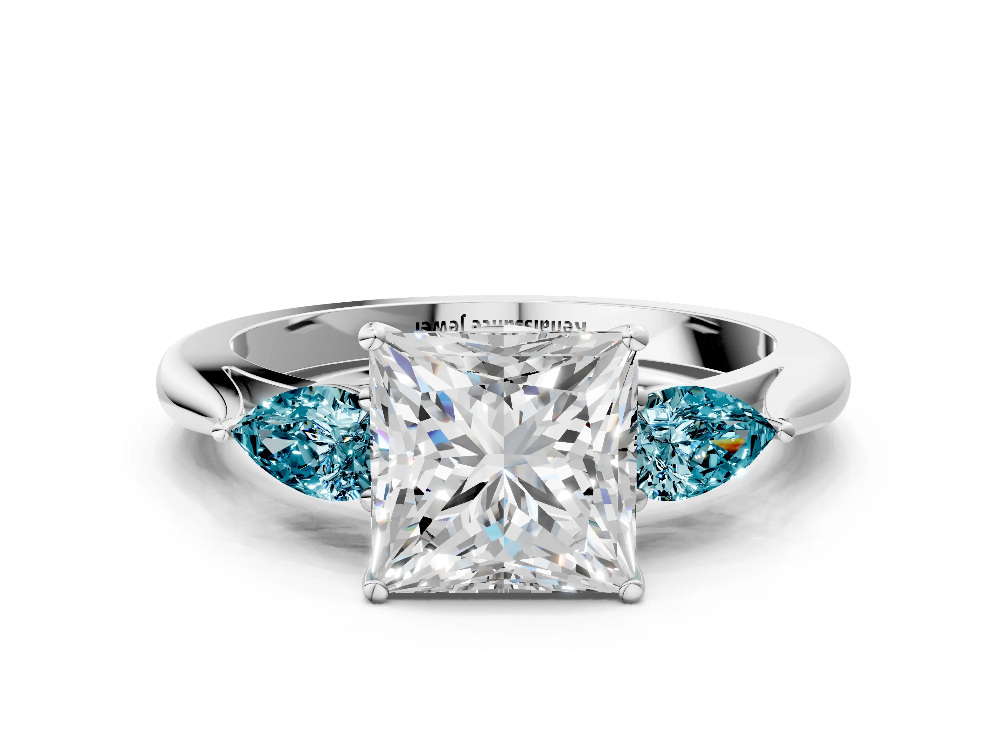 White gold Princess Cut Diamond Three-Stone Ring with Pear with Blue Topaz side stone Side Stones and Prong Setting_24