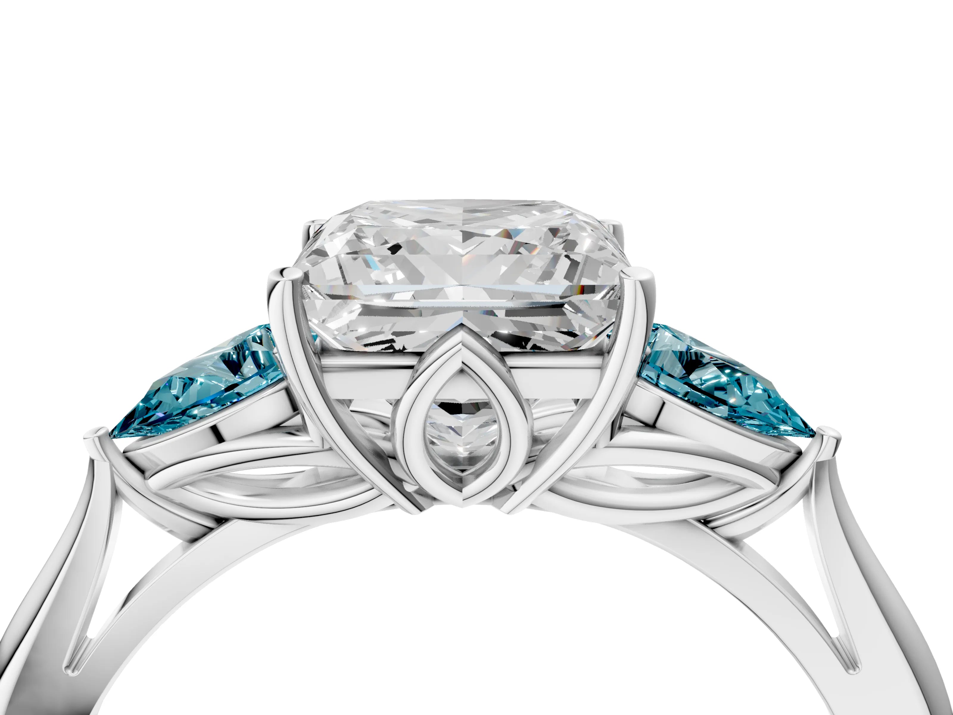 White gold Princess Cut Diamond Three-Stone Ring with Pear with Blue Topaz side stone Side Stones and Prong Setting_28
