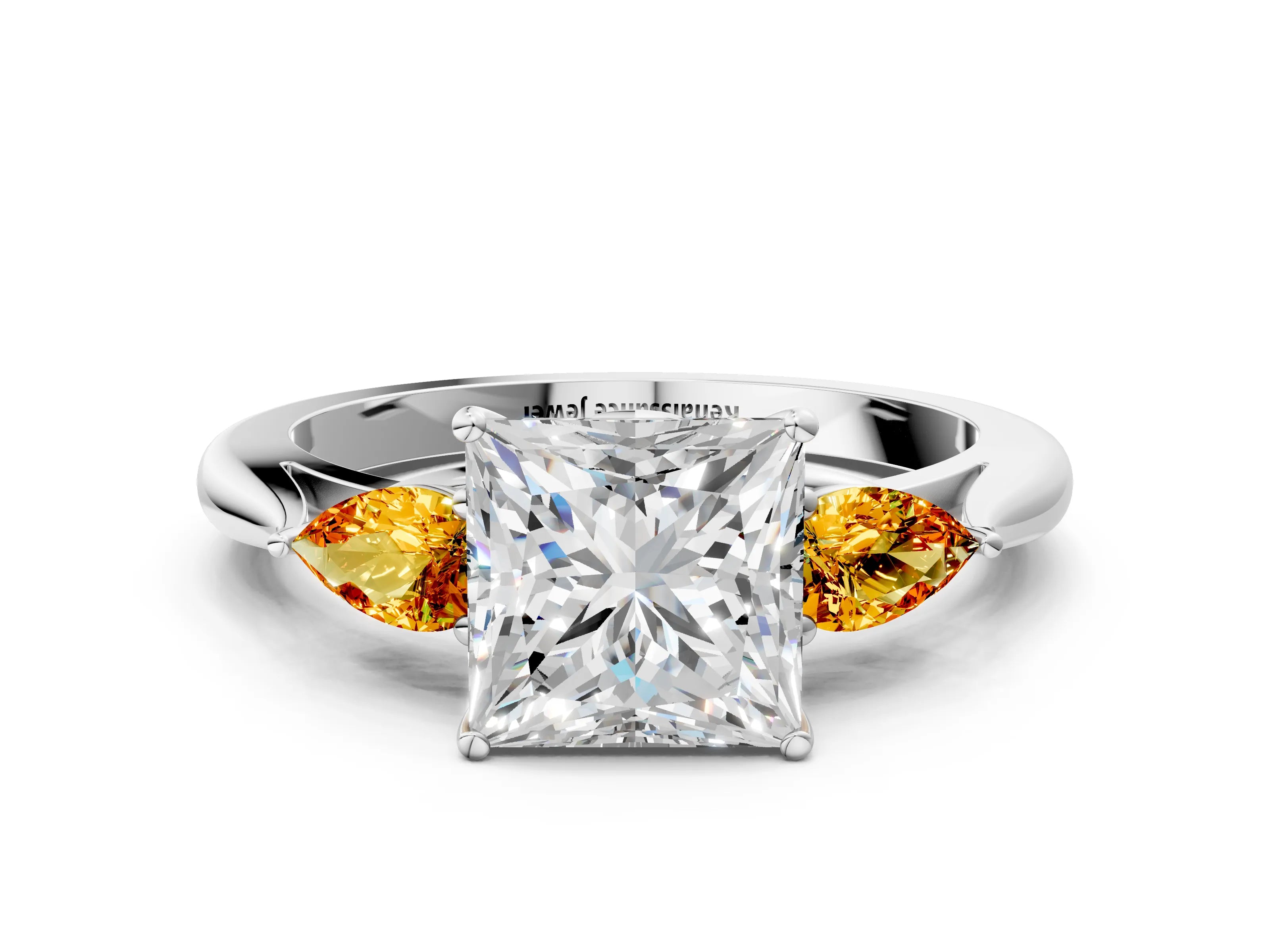 White gold Princess Cut Diamond Three-Stone Ring with Pear with Citrine side stone Side Stones and Prong Setting_24