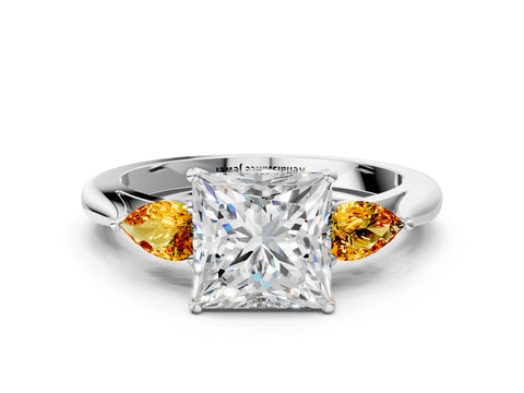 White gold Princess Cut Diamond Three-Stone Ring with Pear with Citrine side stone Side Stones and Prong Setting_36