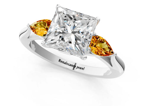 White gold Princess Cut Diamond Three-Stone Ring with Pear with Citrine side stone Side Stones and Prong Setting_37