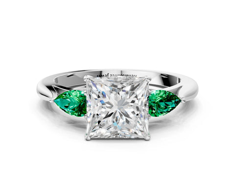 White gold Princess Cut Diamond Three-Stone Ring with Pear with Emerald side stone Side Stones and Prong Setting_24