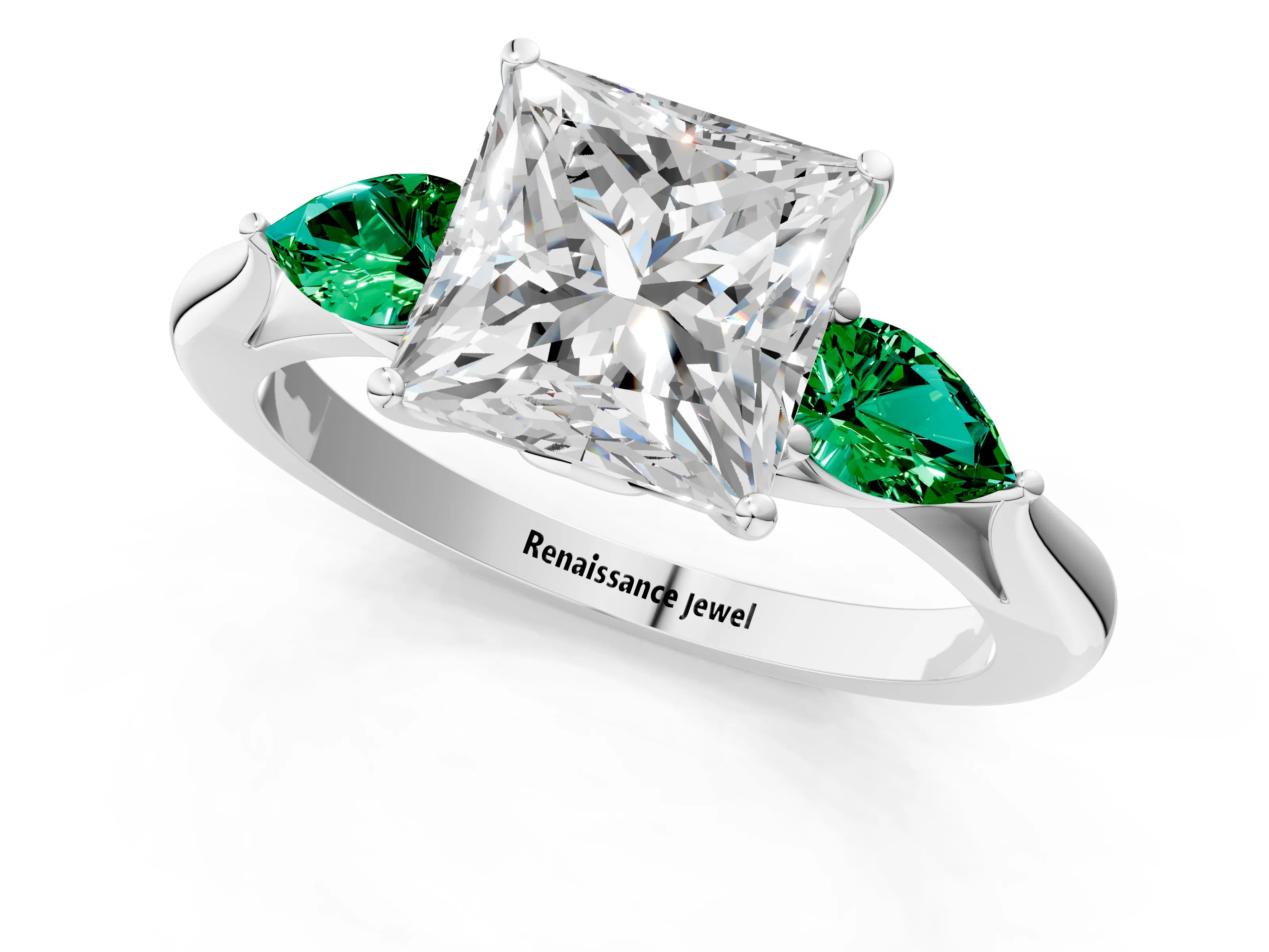 White gold Princess Cut Diamond Three-Stone Ring with Pear with Emerald side stone Side Stones and Prong Setting_25