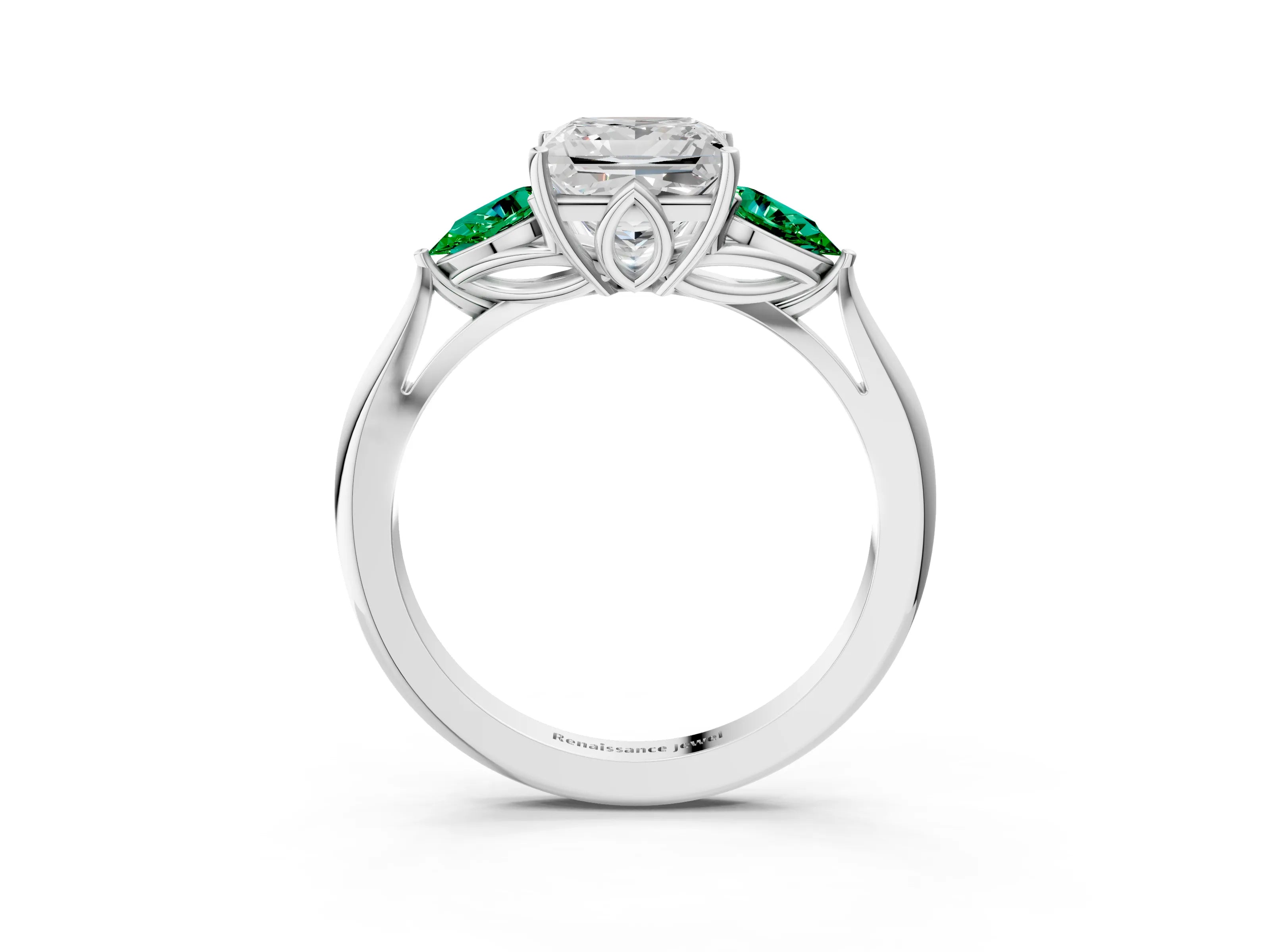 White gold Princess Cut Diamond Three-Stone Ring with Pear with Emerald side stone Side Stones and Prong Setting_27