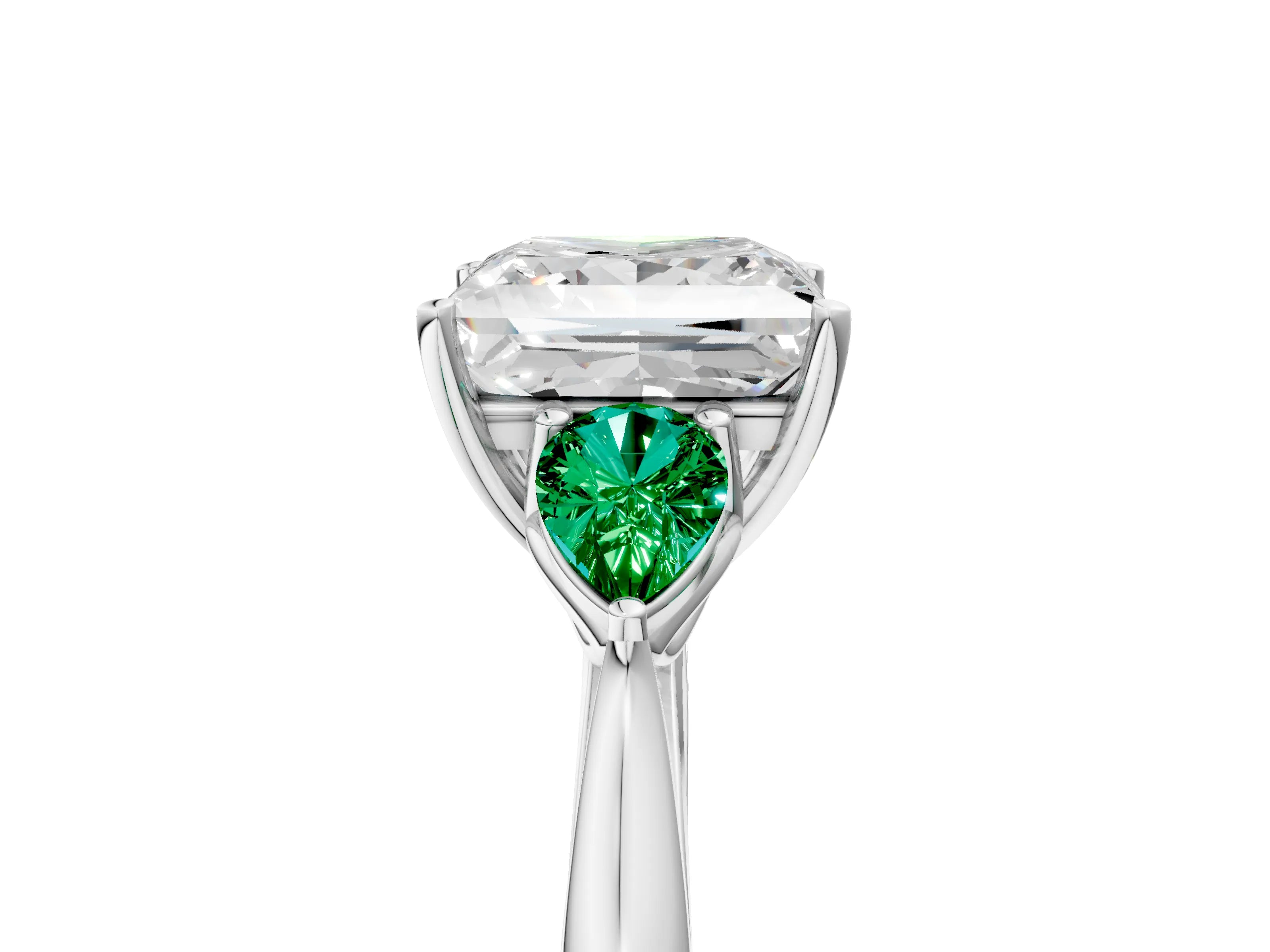 White gold Princess Cut Diamond Three-Stone Ring with Pear with Emerald side stone Side Stones and Prong Setting_29