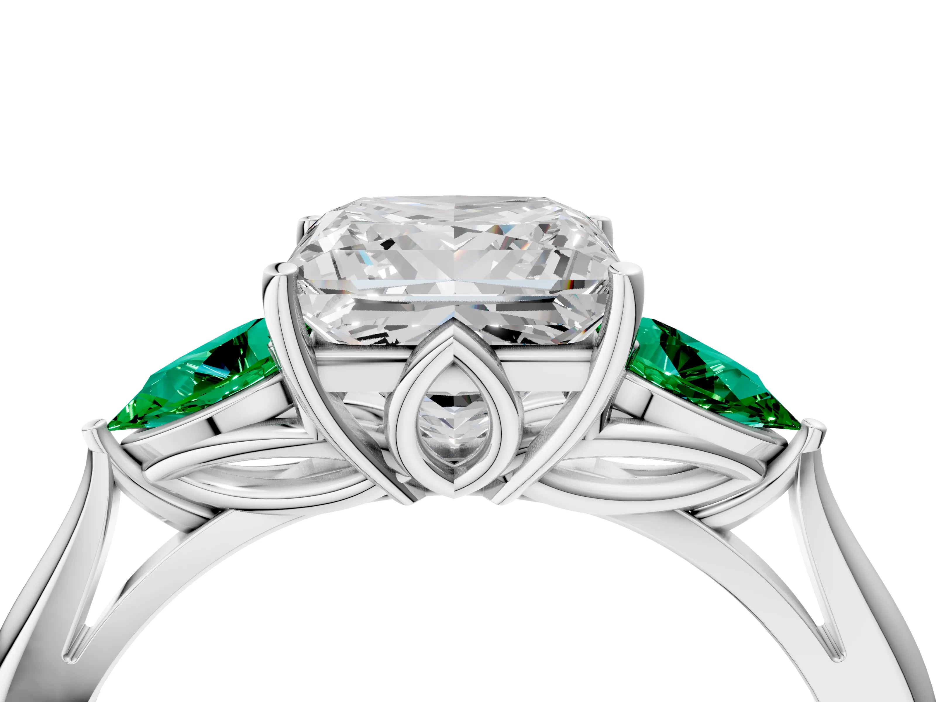 White gold Princess Cut Diamond Three-Stone Ring with Pear with Emerald side stone Side Stones and Prong Setting_40