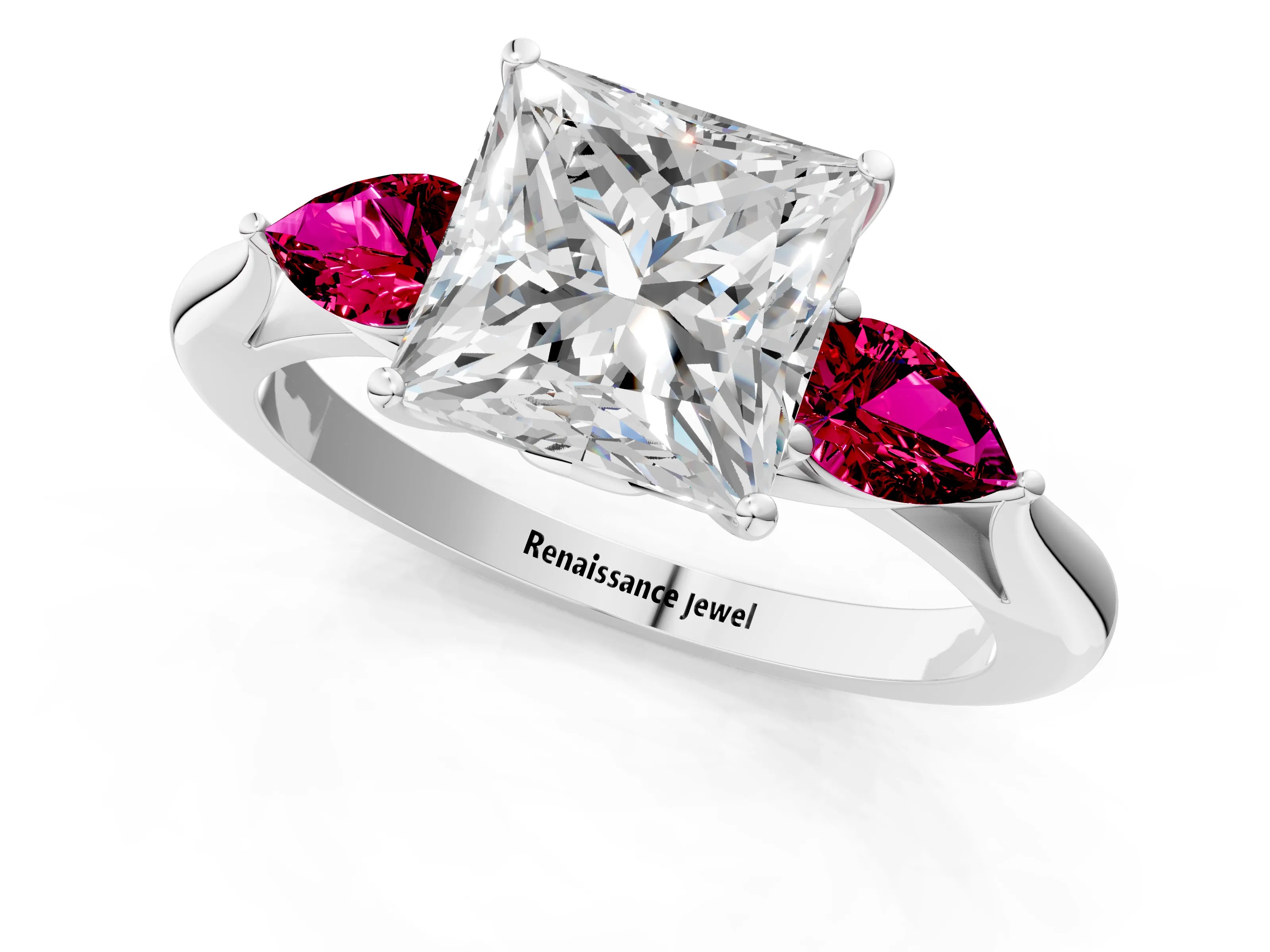White gold Princess Cut Diamond Three-Stone Ring with Pear with Garnet side stone Side Stones and Prong Setting_25