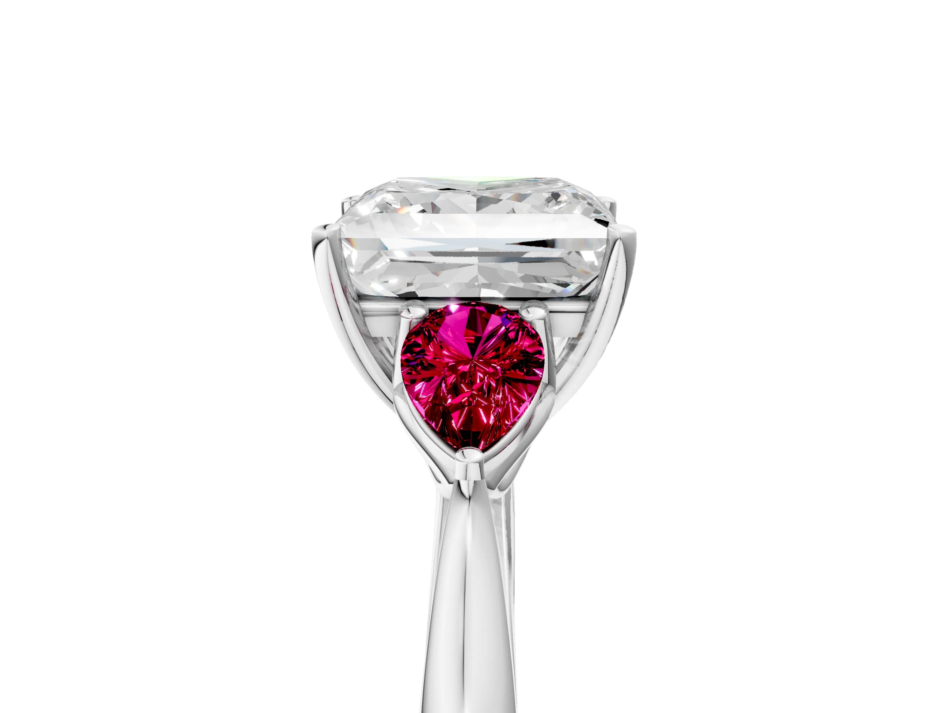 White gold Princess Cut Diamond Three-Stone Ring with Pear with Garnet side stone Side Stones and Prong Setting_29