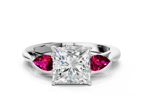 White gold Princess Cut Diamond Three-Stone Ring with Pear with Garnet side stone Side Stones and Prong Setting_36