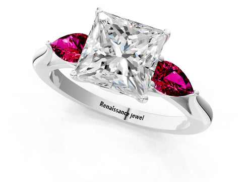 White gold Princess Cut Diamond Three-Stone Ring with Pear with Garnet side stone Side Stones and Prong Setting_37