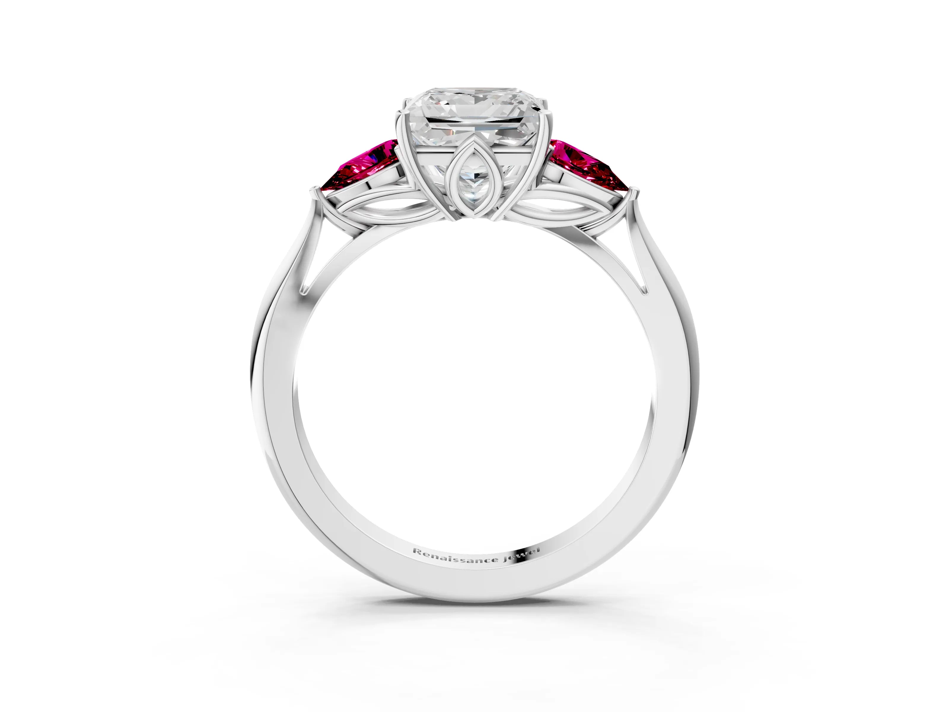 White gold Princess Cut Diamond Three-Stone Ring with Pear with Garnet side stone Side Stones and Prong Setting_39