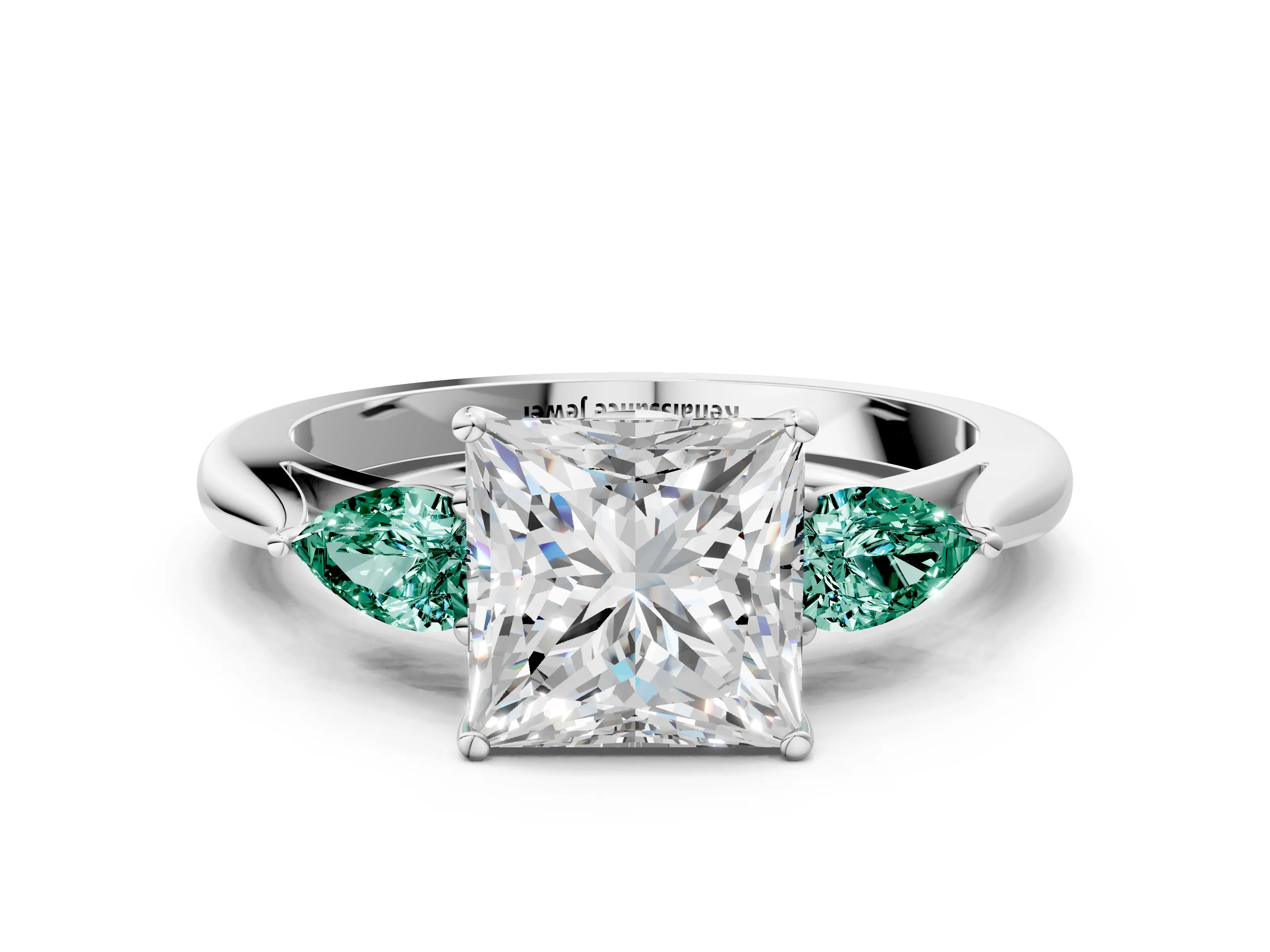 White gold Princess Cut Diamond Three-Stone Ring with Pear with Green Sapphire side stone Side Stones and Prong Setting_48