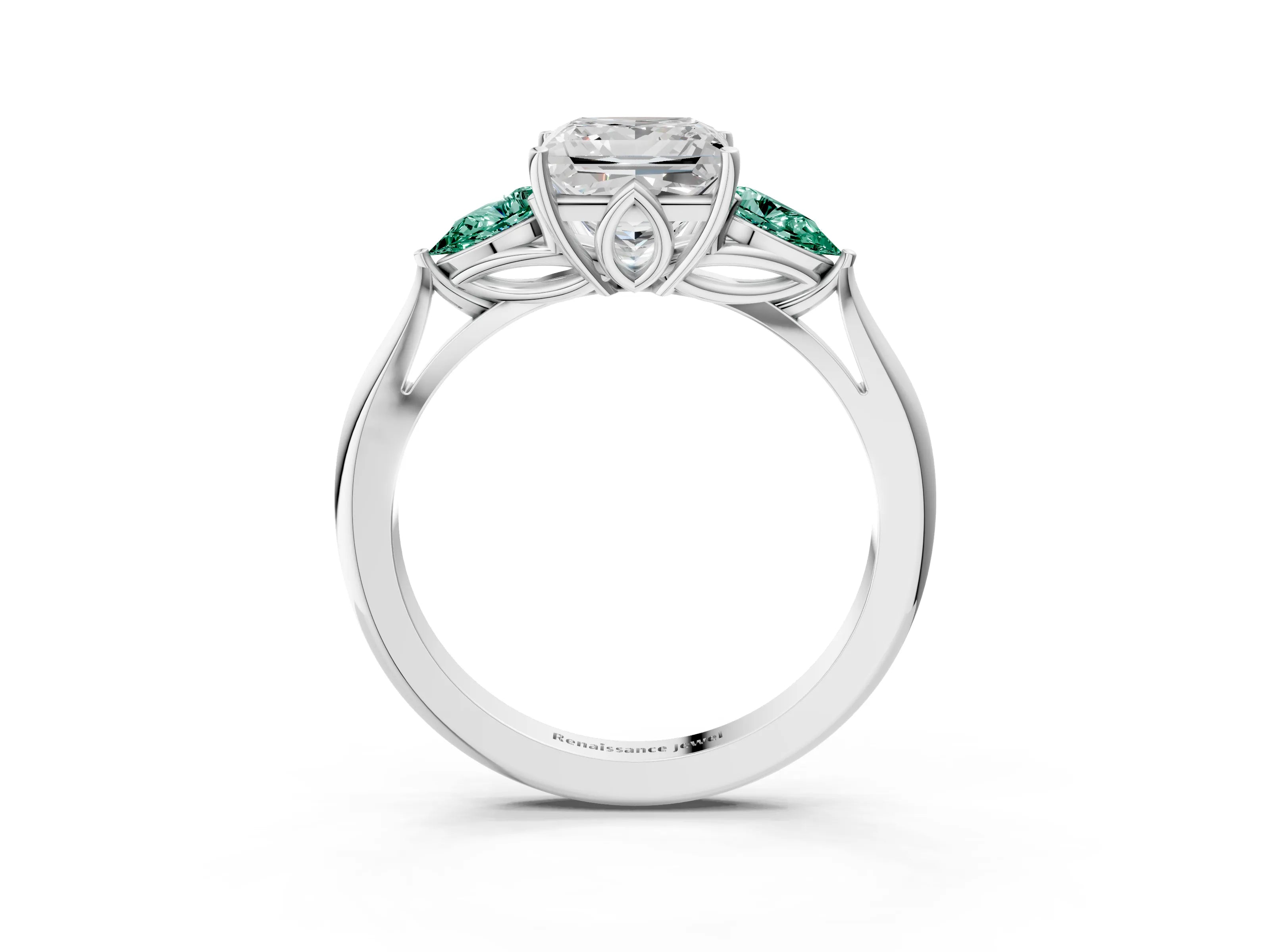 White gold Princess Cut Diamond Three-Stone Ring with Pear with Green Sapphire side stone Side Stones and Prong Setting_48