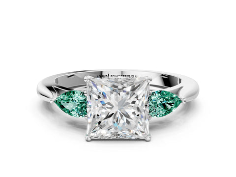 White gold Princess Cut Diamond Three-Stone Ring with Pear with Green Sapphire side stone Side Stones and Prong Setting_48