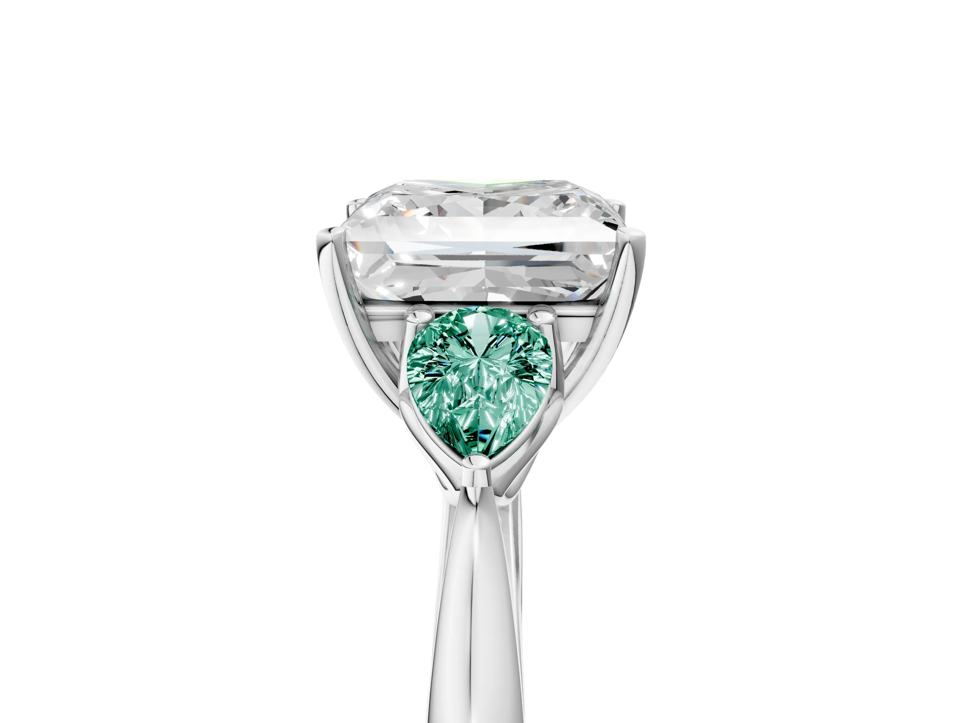 White gold Princess Cut Diamond Three-Stone Ring with Pear with Green Sapphire side stone Side Stones and Prong Setting_53