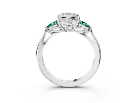 White gold Princess Cut Diamond Three-Stone Ring with Pear with Green Sapphire side stone Side Stones and Prong Setting_57