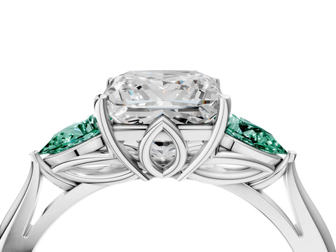 White gold Princess Cut Diamond Three-Stone Ring with Pear with Green Sapphire side stone Side Stones and Prong Setting_58