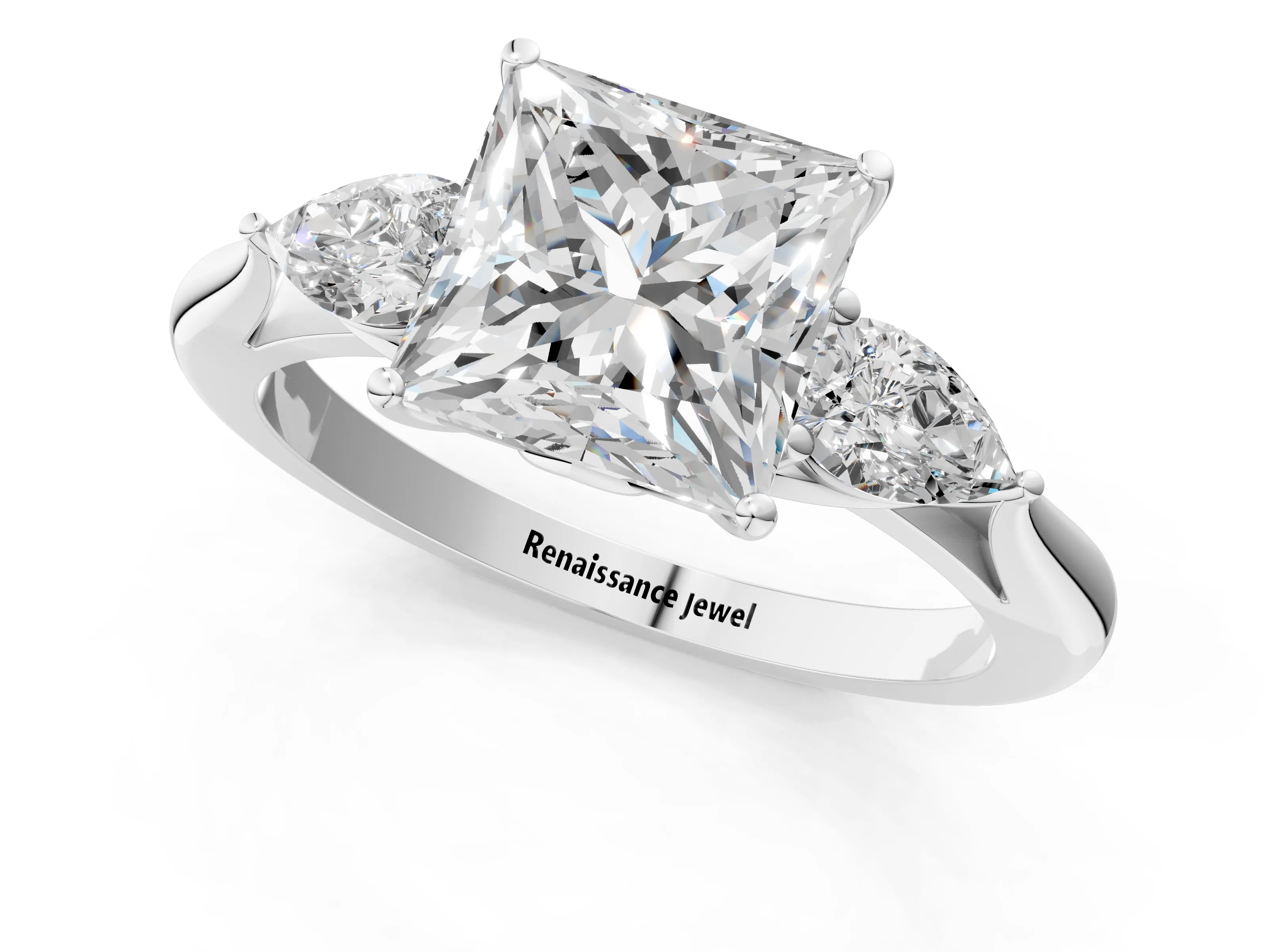 White gold Princess Cut Diamond Three-Stone Ring with Pear with Moissanite side stone Side Stones and Prong Setting_25