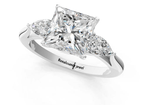 White gold Princess Cut Diamond Three-Stone Ring with Pear with Moissanite side stone Side Stones and Prong Setting_25