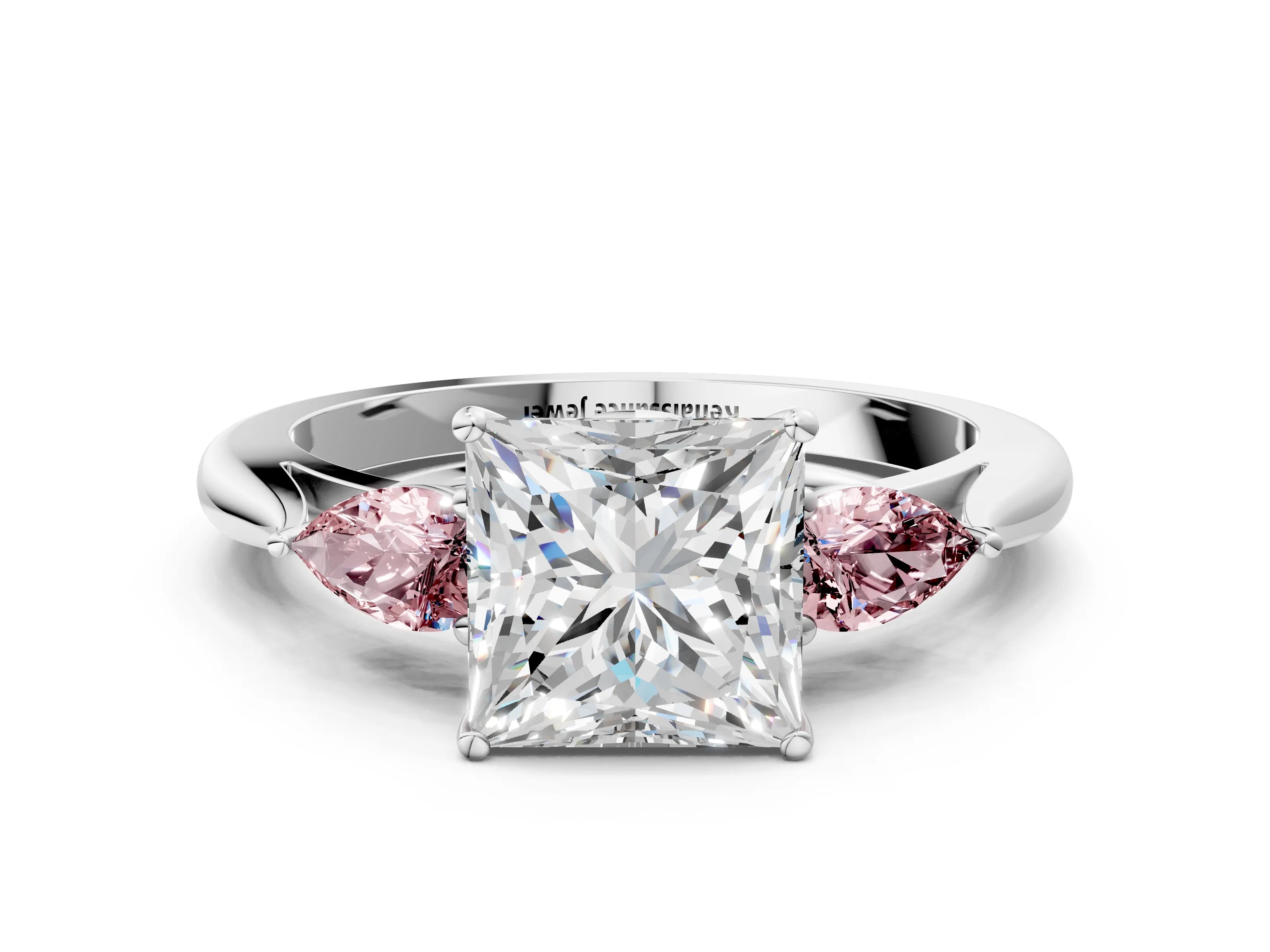 White gold Princess Cut Diamond Three-Stone Ring with Pear with Morganite side stone Side Stones and Prong Setting_48
