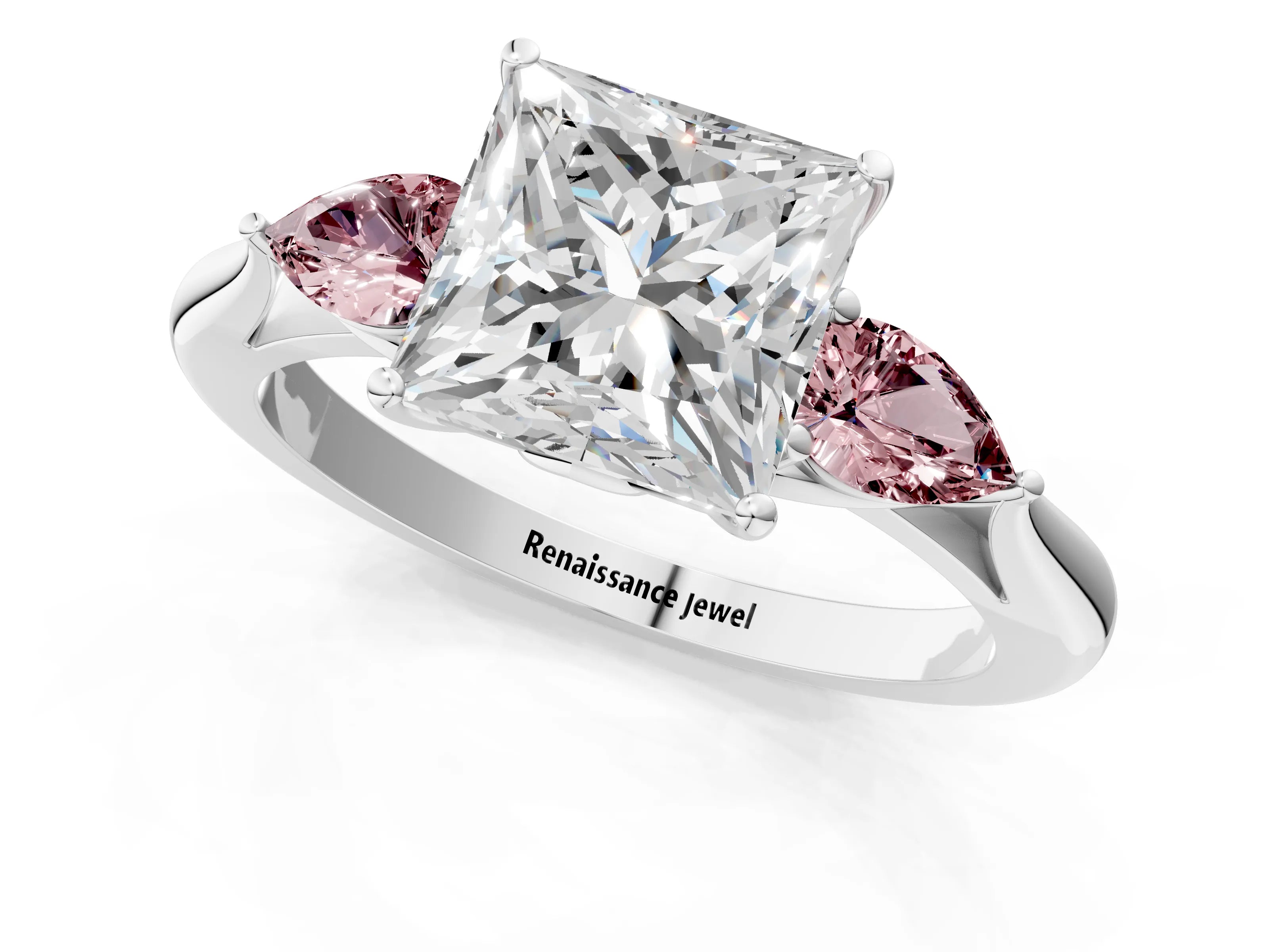White gold Princess Cut Diamond Three-Stone Ring with Pear with Morganite side stone Side Stones and Prong Setting_49