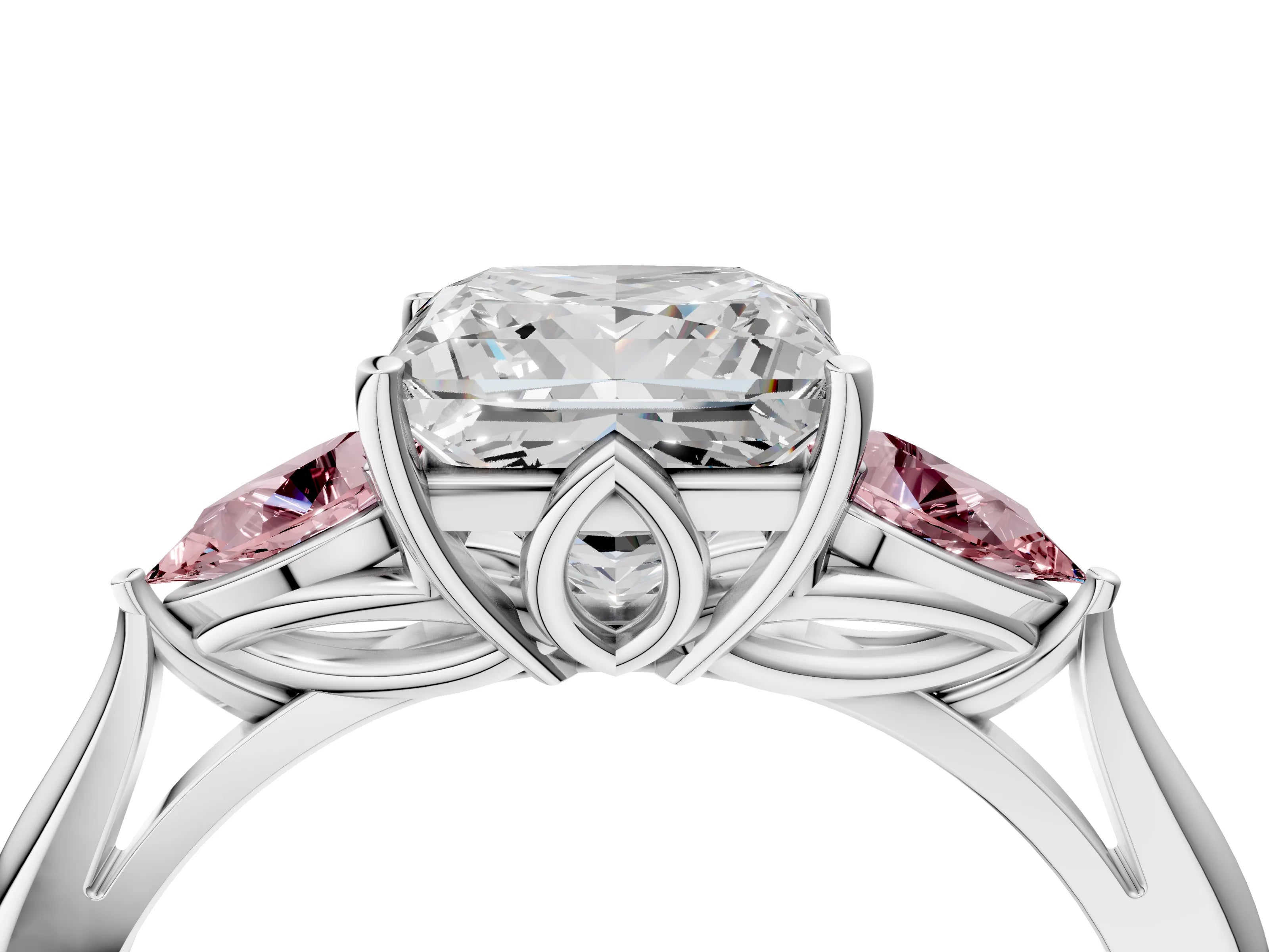 White gold Princess Cut Diamond Three-Stone Ring with Pear with Morganite side stone Side Stones and Prong Setting_52