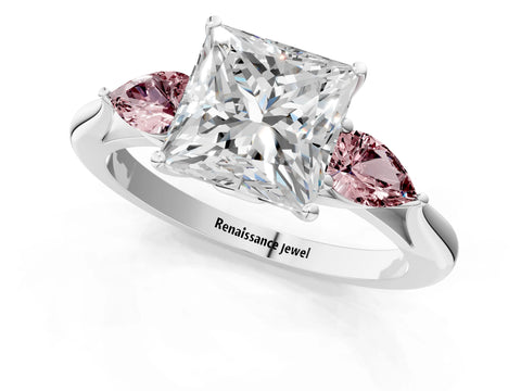 White gold Princess Cut Diamond Three-Stone Ring with Pear with Morganite side stone Side Stones and Prong Setting_61